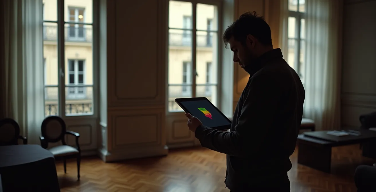 Personne analysant des évaluations sur tablette dans un environnement domestique français