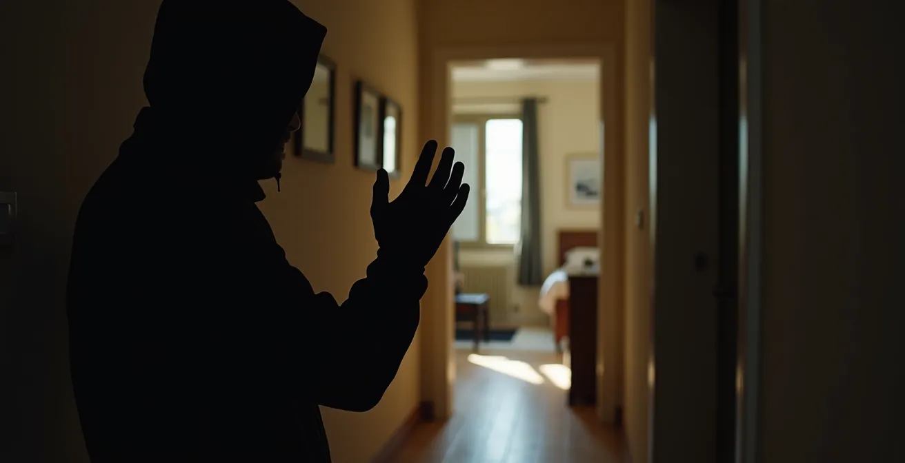 Vue subjective d'un intérieur de maison montrant le parcours type d'inspection d'un cambrioleur