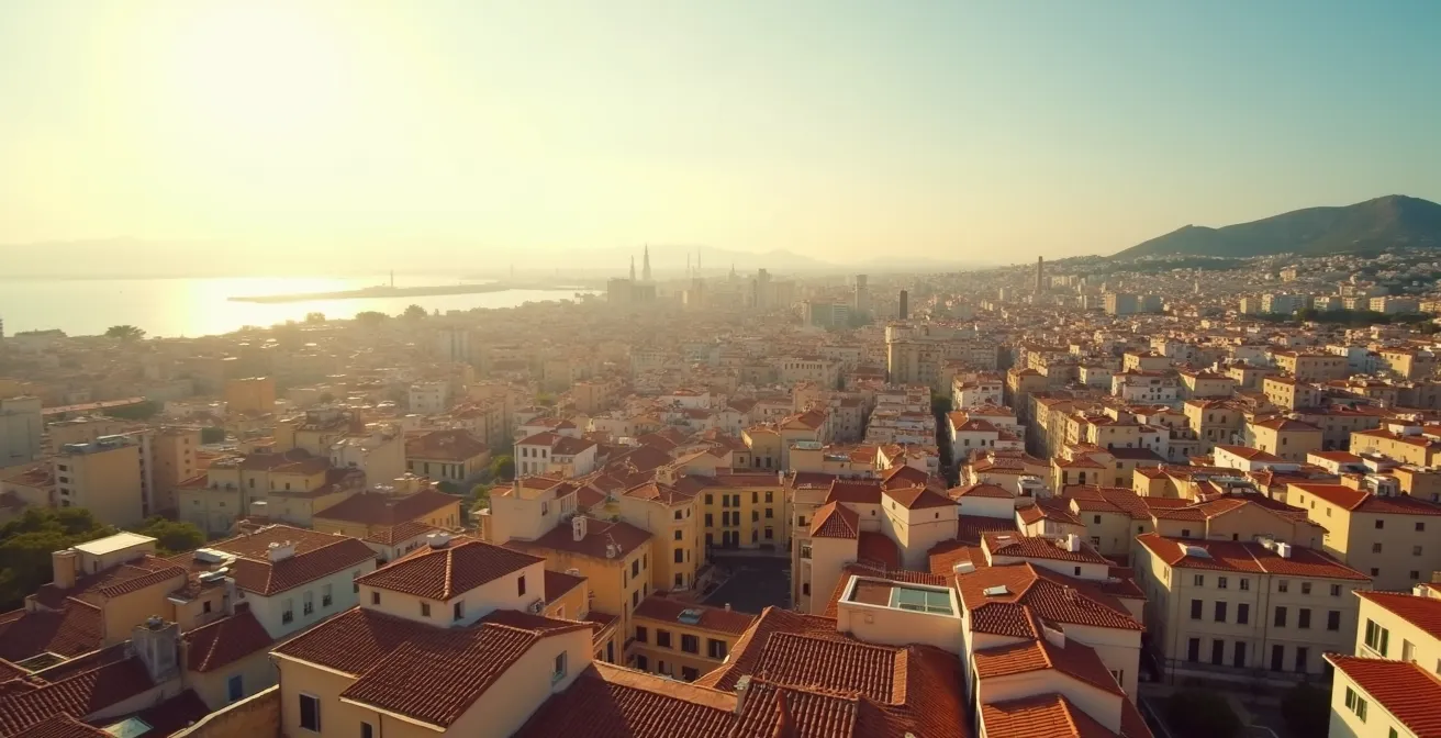 Vue aérienne stylisée de Marseille montrant les différents quartiers avec des variations de densité