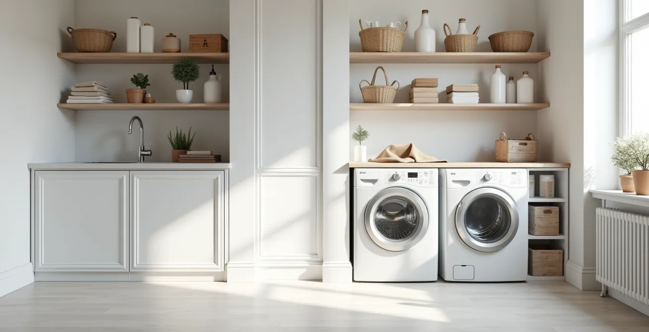 Vue d'angle d'une buanderie française avec suggestion subtile d'emplacement caché