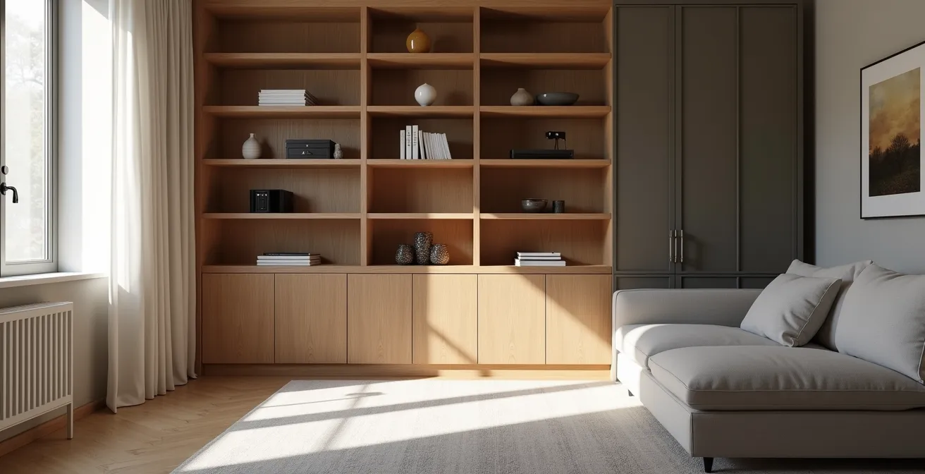 Installation discrète d'un coffre-fort encastré dans un mur en béton derrière une étagère