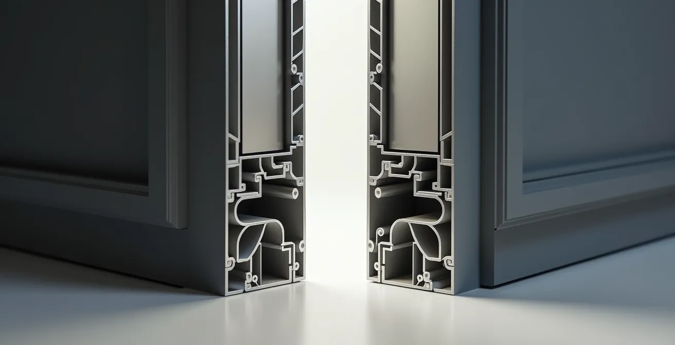 Coupe technique montrant la différence entre un blindage de porte et un bloc-porte blindé