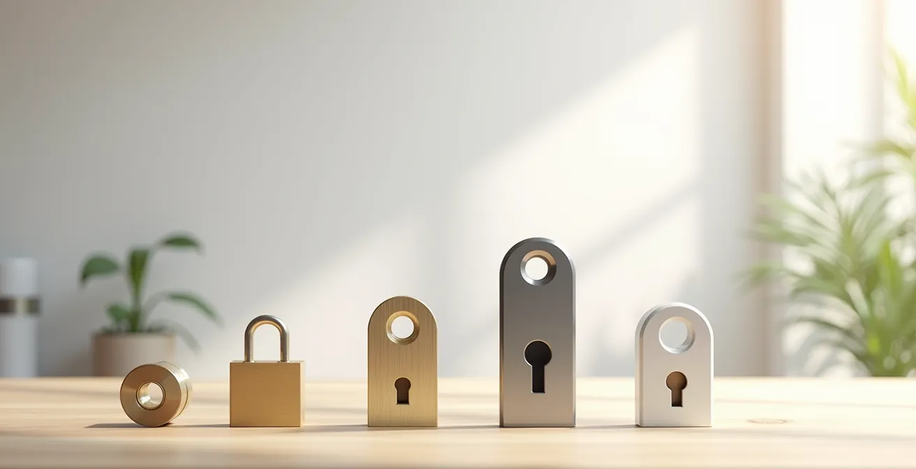 Table de travail avec différents cylindres de serrure rangés par gamme de prix