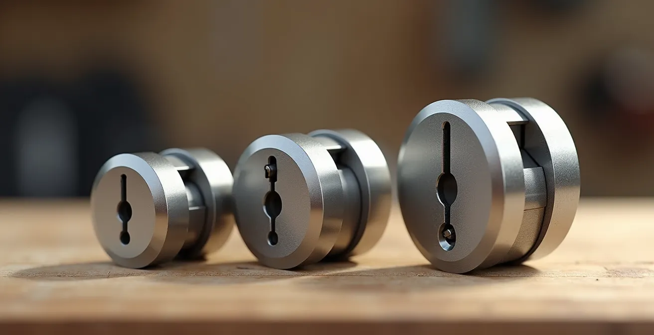Comparaison visuelle de trois types de cylindres de serrure posés sur une surface