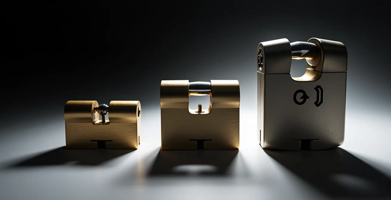 Alignement de cylindres de serrure avec différents niveaux de certification visibles par leur finition