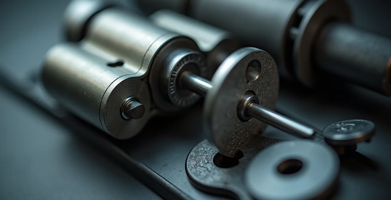 Gros plan sur un cylindre de serrure débrayable avec deux clés insérées de chaque côté