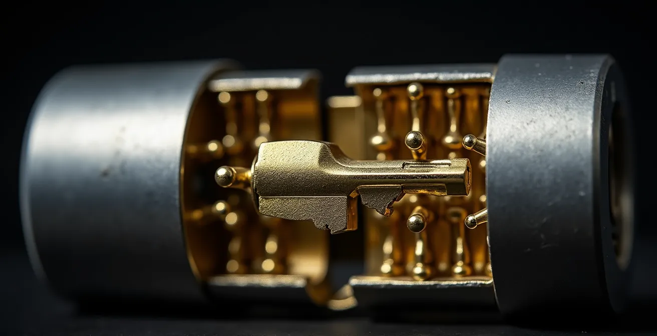 Vue en coupe détaillée d'un cylindre de serrure montrant les goupilles et contre-goupilles internes