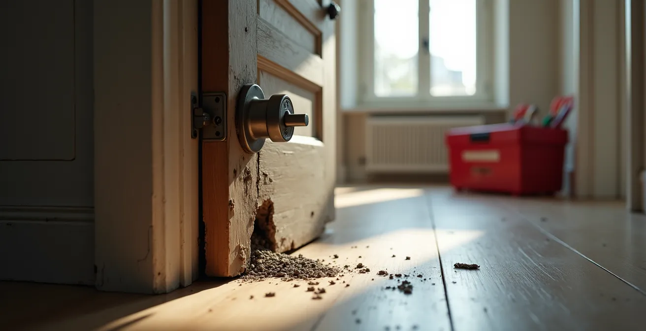 Vue détaillée d'un cylindre de serrure endommagé suite à une tentative de perçage avec des copeaux métalliques