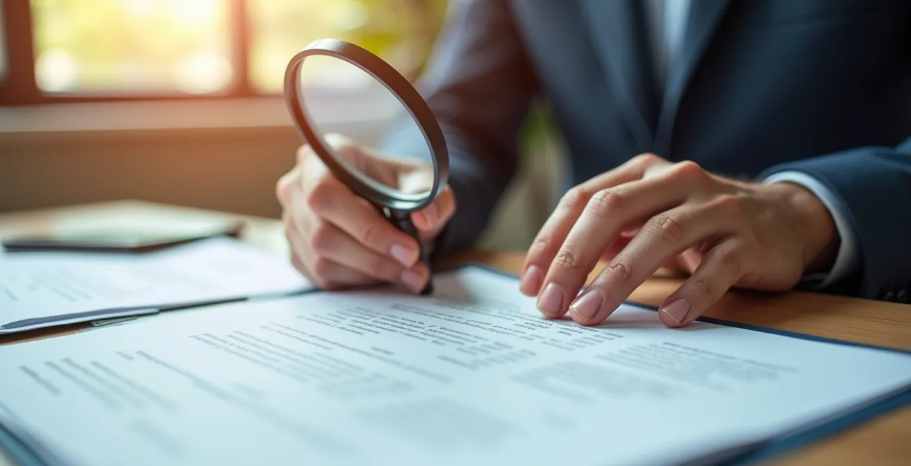 Loupe grossissante posée sur un document de devis avec stylo et calculatrice à proximité