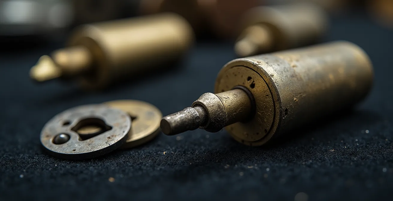 Vue macro d'un cylindre de serrure démonté montrant le panneton et l'entraîneur