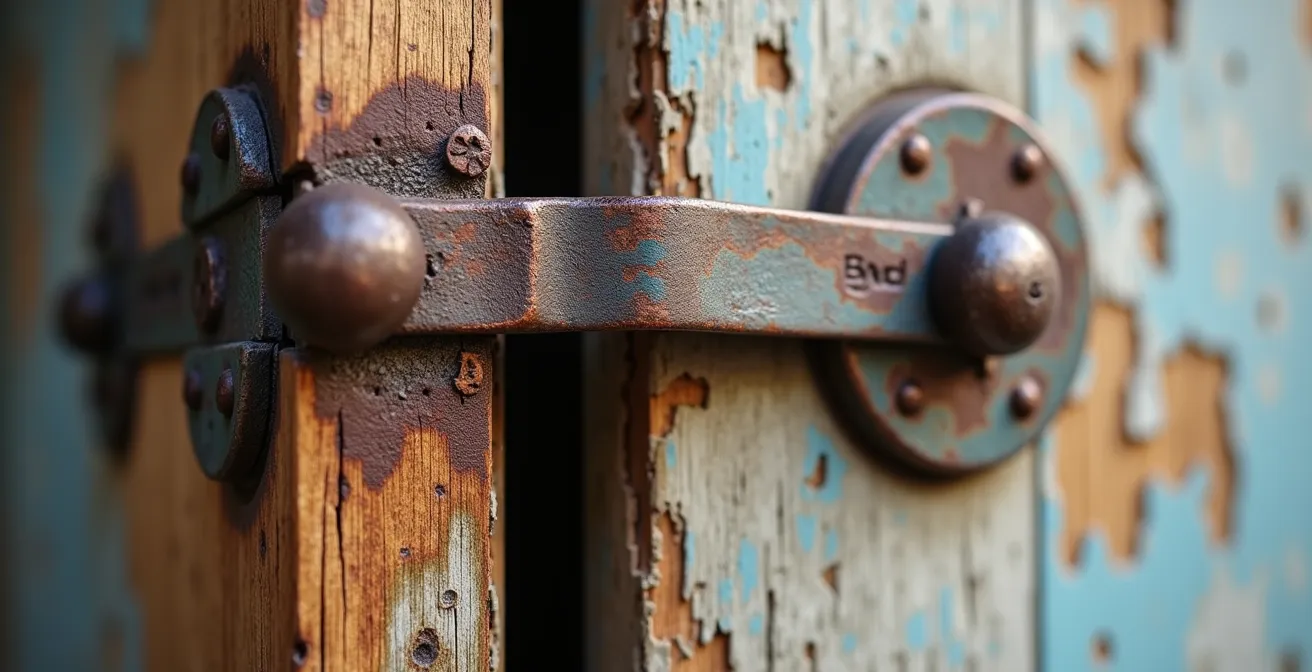 Gros plan sur l'encadrement d'une porte montrant des fissures et points de faiblesse structurels