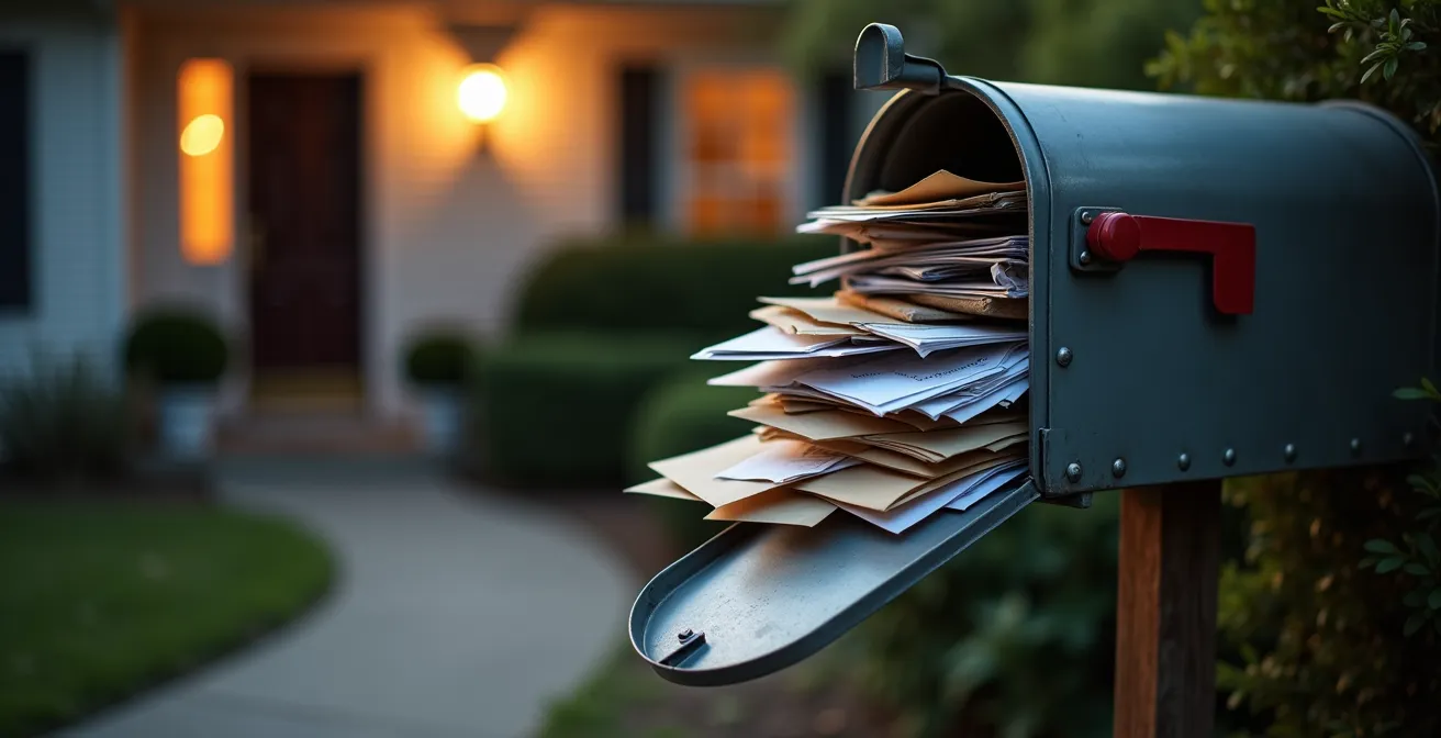 Boîte aux lettres débordante de courrier devant une maison, vue latérale au crépuscule