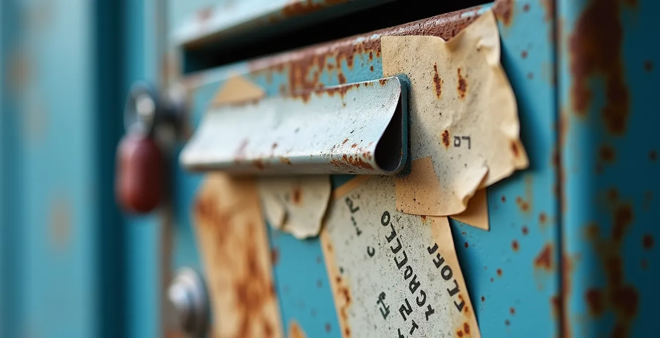Gros plan sur des autocollants de serruriers collés sur une boîte aux lettres marseillaise typique