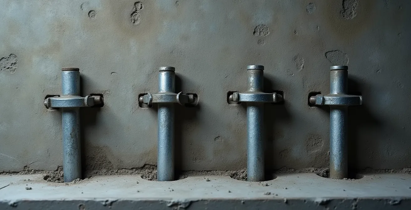 Détail technique de fixation d'un coffre-fort au sol en béton avec système de chevilles