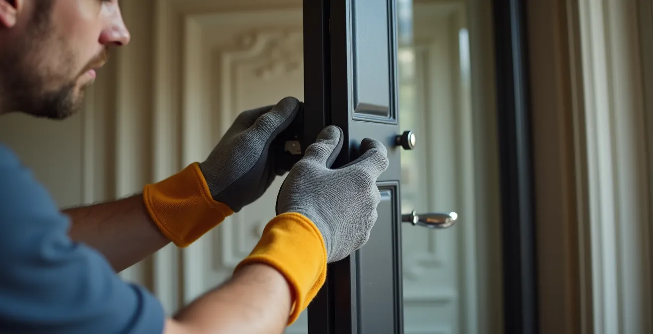 Technicien expert installant un bloc-porte blindé dans un appartement haussmannien