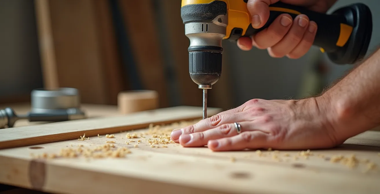Installation d'un verrou de sûreté montrant le perçage précis d'une porte en bois avec gabarit