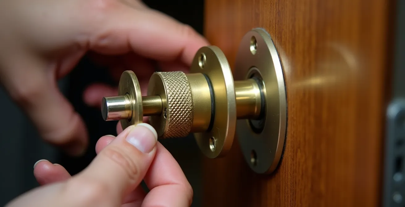 Gros plan sur les mains d'un professionnel ajustant le panneton d'un cylindre de serrure