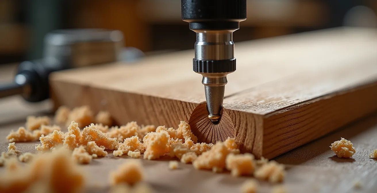 Travail de mortaisage précis sur porte en chêne massif avec défonceuse professionnelle