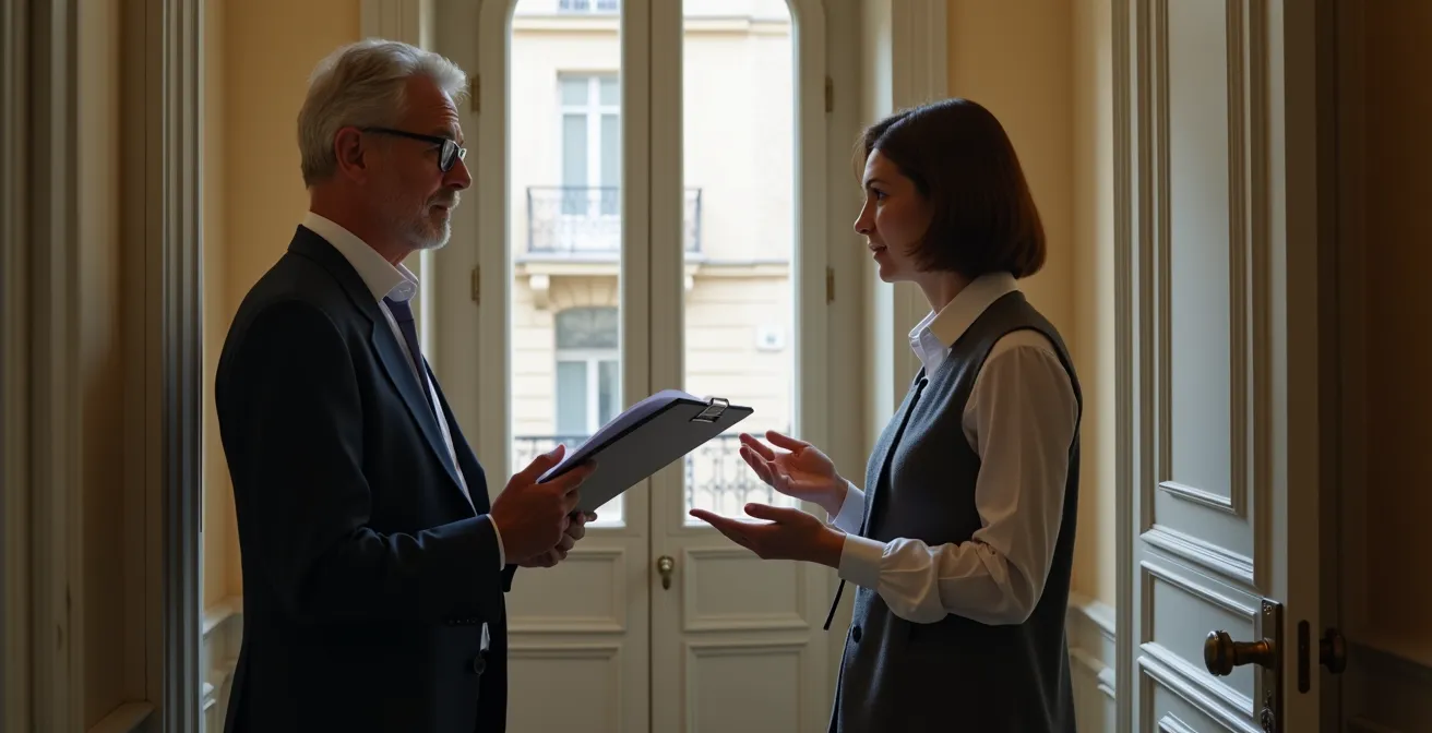 Discussion professionnelle entre un client et un serrurier autour d'un devis dans un intérieur français