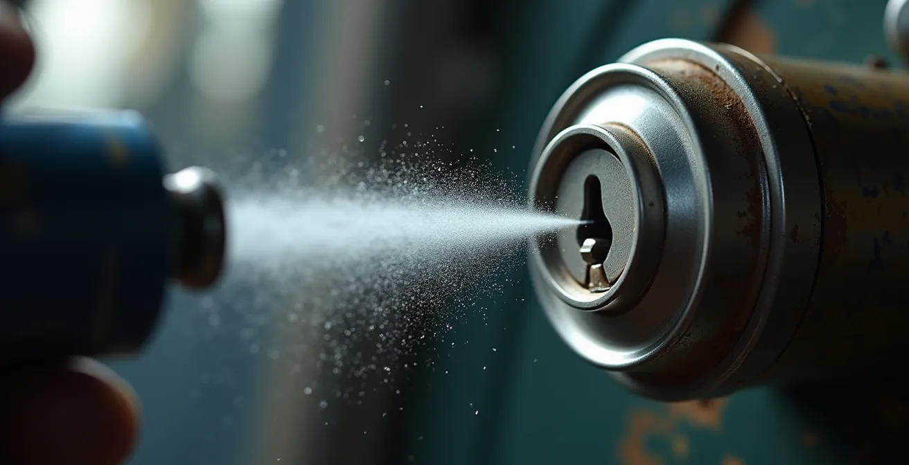 Vue macro d'une bombe d'air comprimé projetant de l'air dans le cylindre d'une serrure