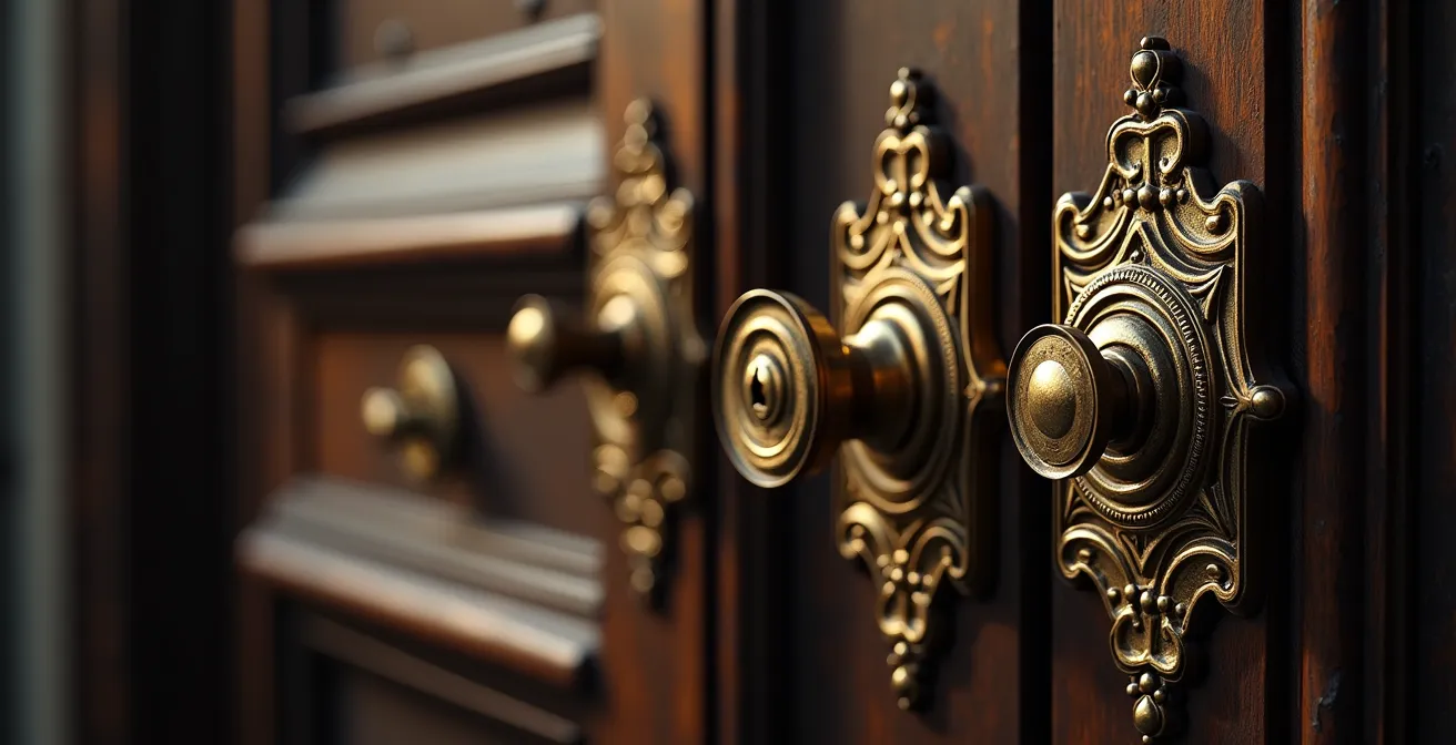 Serrure ancienne en applique sur une porte haussmannienne parisienne