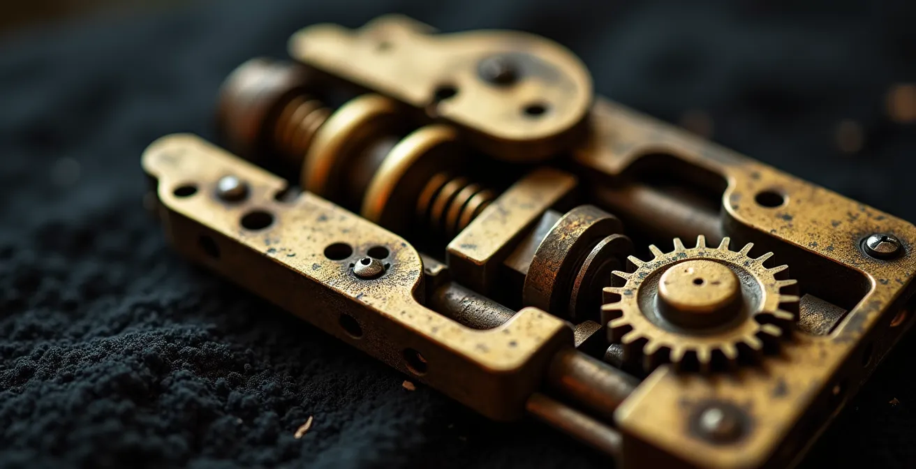 Gros plan sur une serrure ancienne démontée montrant l'usure des pièces internes