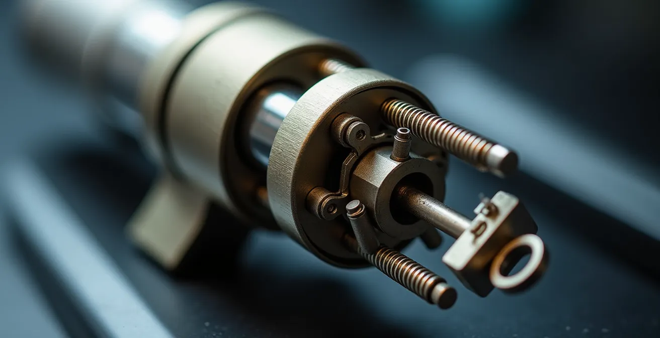 Vue macro détaillée d'un mécanisme de serrure multipoints en acier