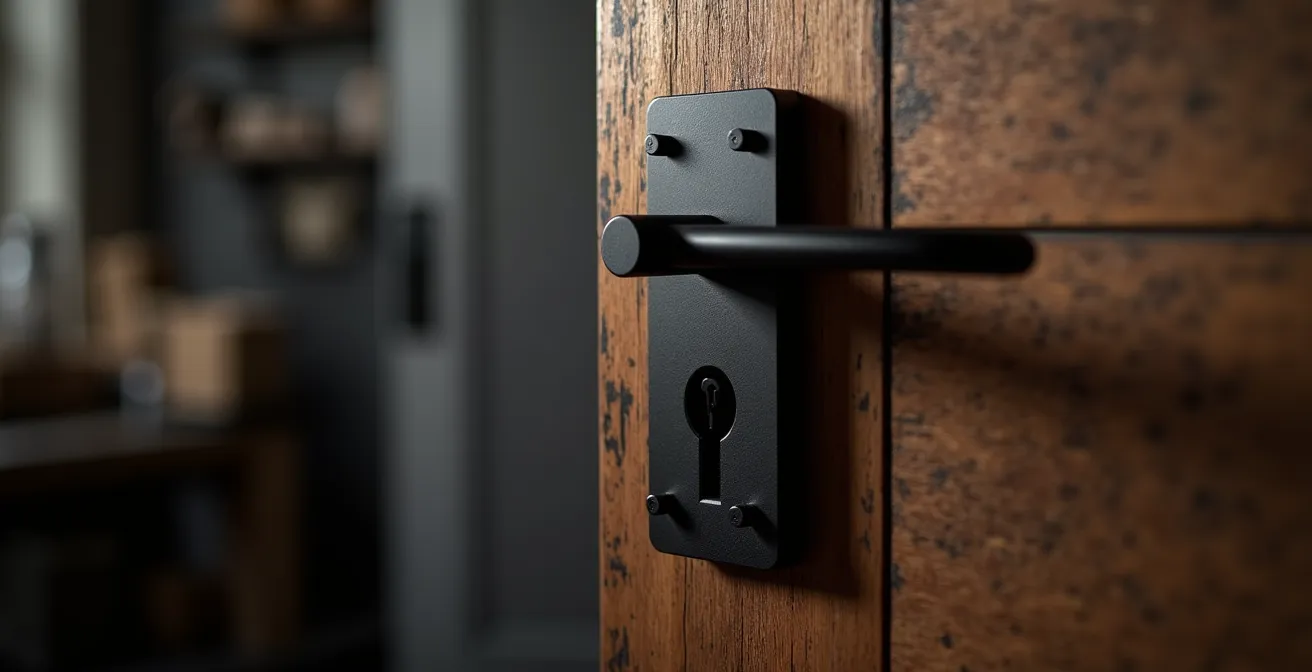 Serrure en applique au design moderne sur une porte de style verrière d'atelier