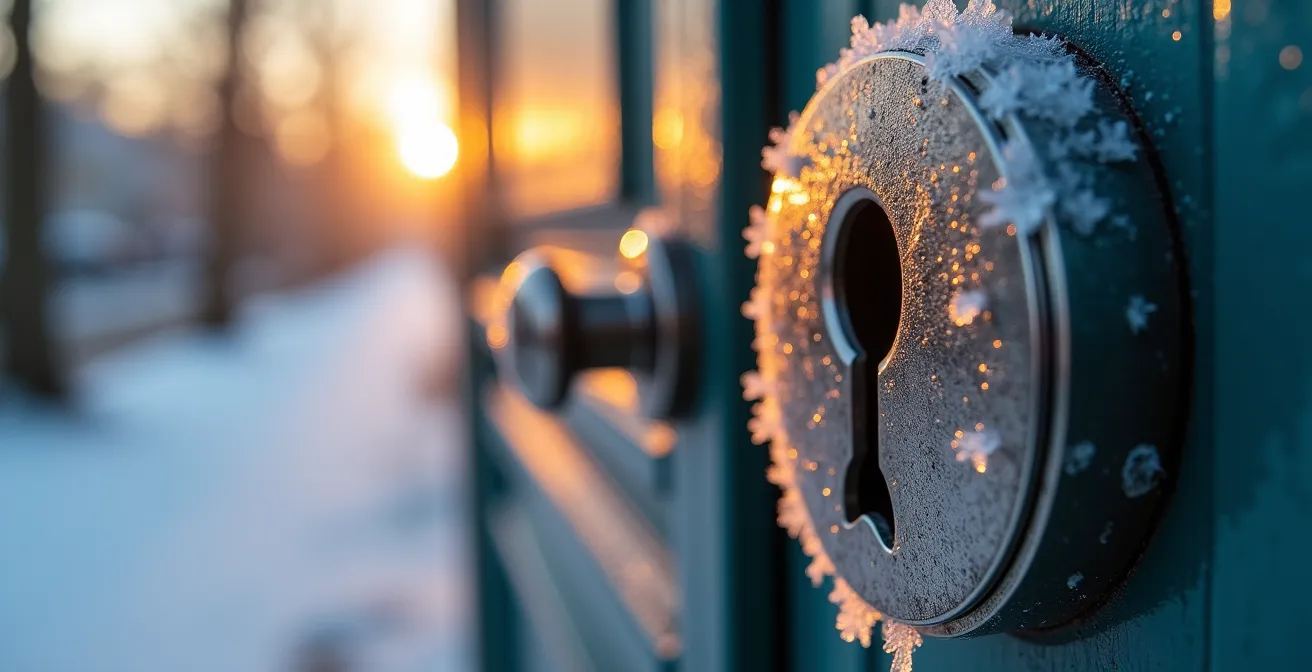 Vue macro d'une serrure gelée avec cristaux de glace visibles