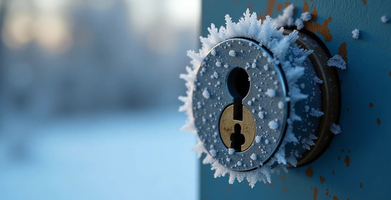 Détail macro d'une serrure gelée avec cristaux de givre sur le mécanisme