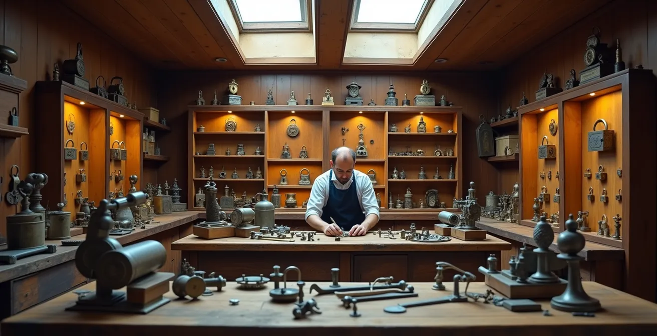 Artisan serrurier travaillant minutieusement sur une serrure ancienne dans un atelier traditionnel