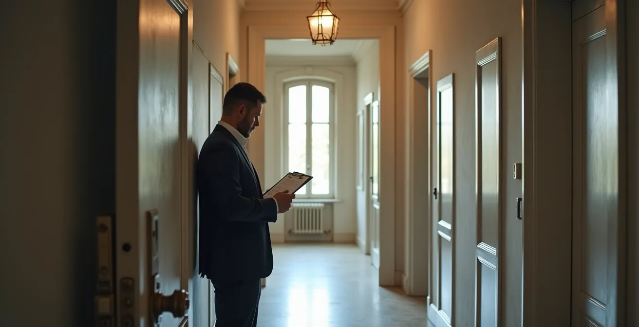 Serrurier analysant les points de sécurité d'une entrée d'appartement