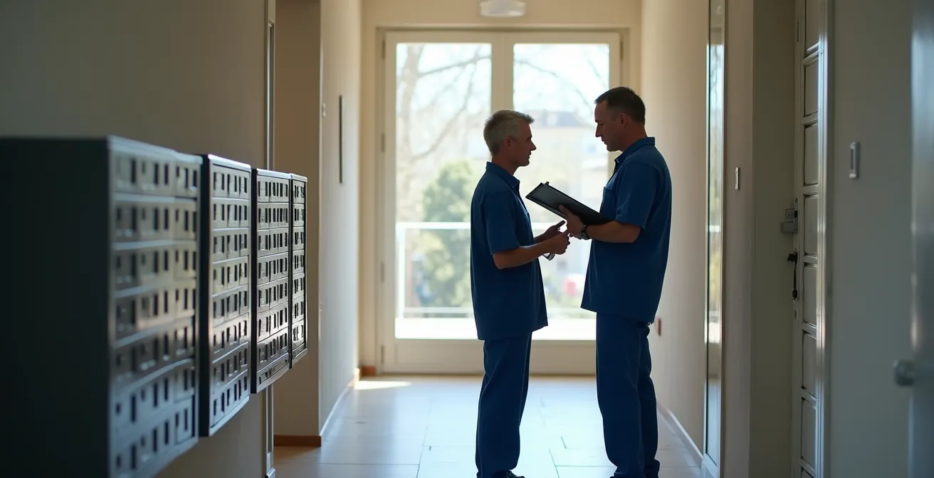 Serrurier présentant un devis détaillé à un client devant une porte d'entrée