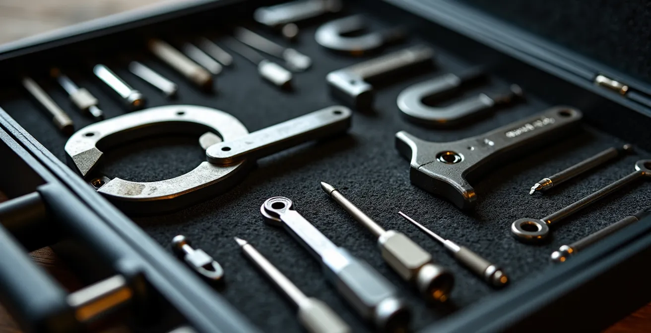 Mallette d'outils professionnels d'un serrurier avec organisation méthodique