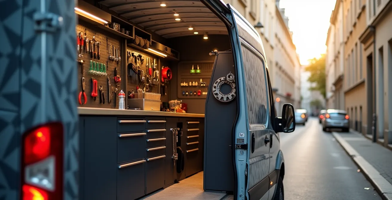 Fourgon de serrurier professionnel avec équipement organisé visible