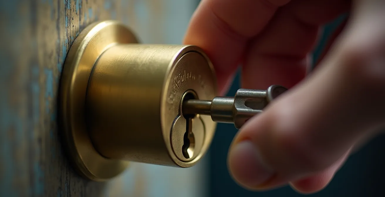 Main testant la rotation d'une clé dans un cylindre de serrure nouvellement installé