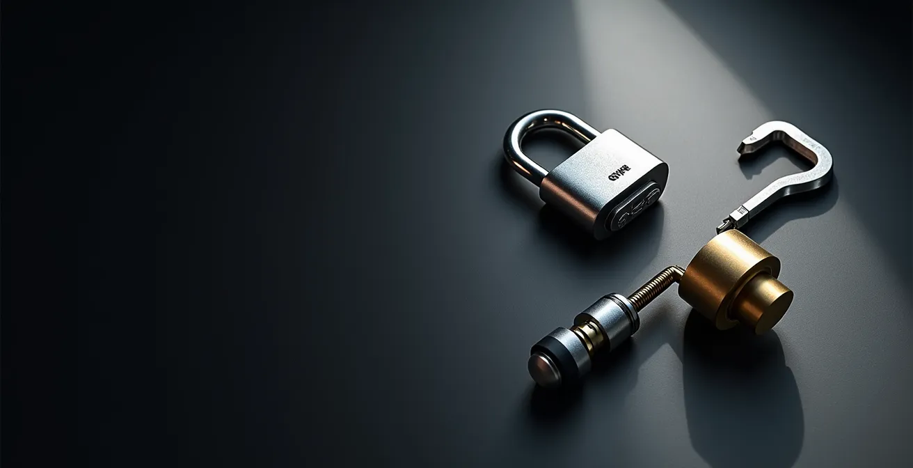 Vue détaillée des trois composants de la certification A2P : serrure, cylindre et installation professionnelle