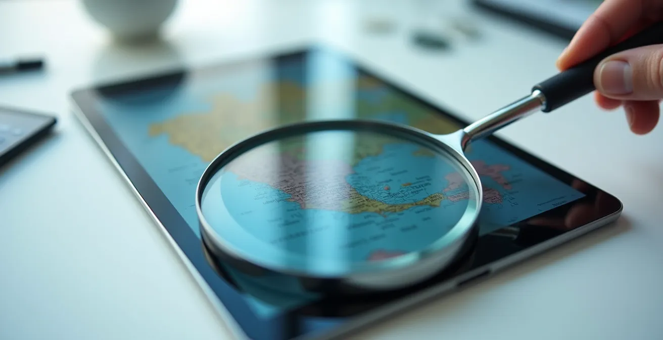 Vue macro d'un écran montrant une recherche d'adresse sur une carte, avec une loupe posée à côté