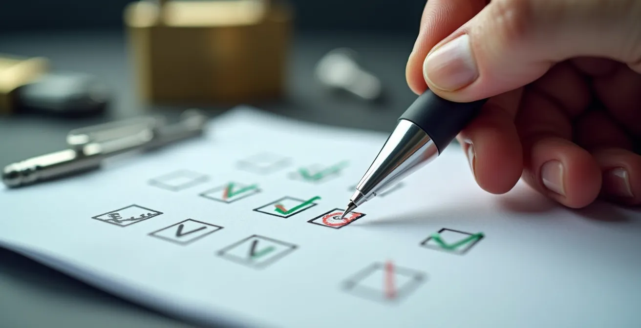 Main cochant une checklist avec serrure et outils de serrurier en arrière-plan