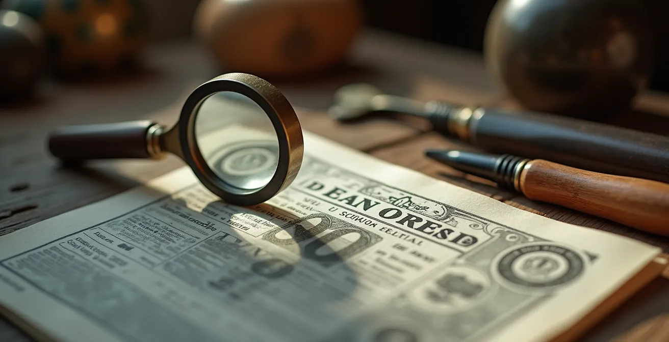 Analyse détaillée d'un document professionnel avec loupe sur bureau d'artisan