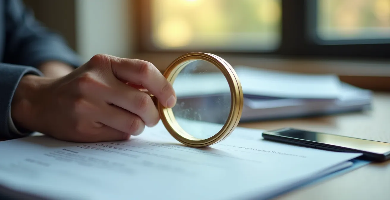 Main tenant une loupe au-dessus d'un devis de serrurier pour en vérifier les détails.