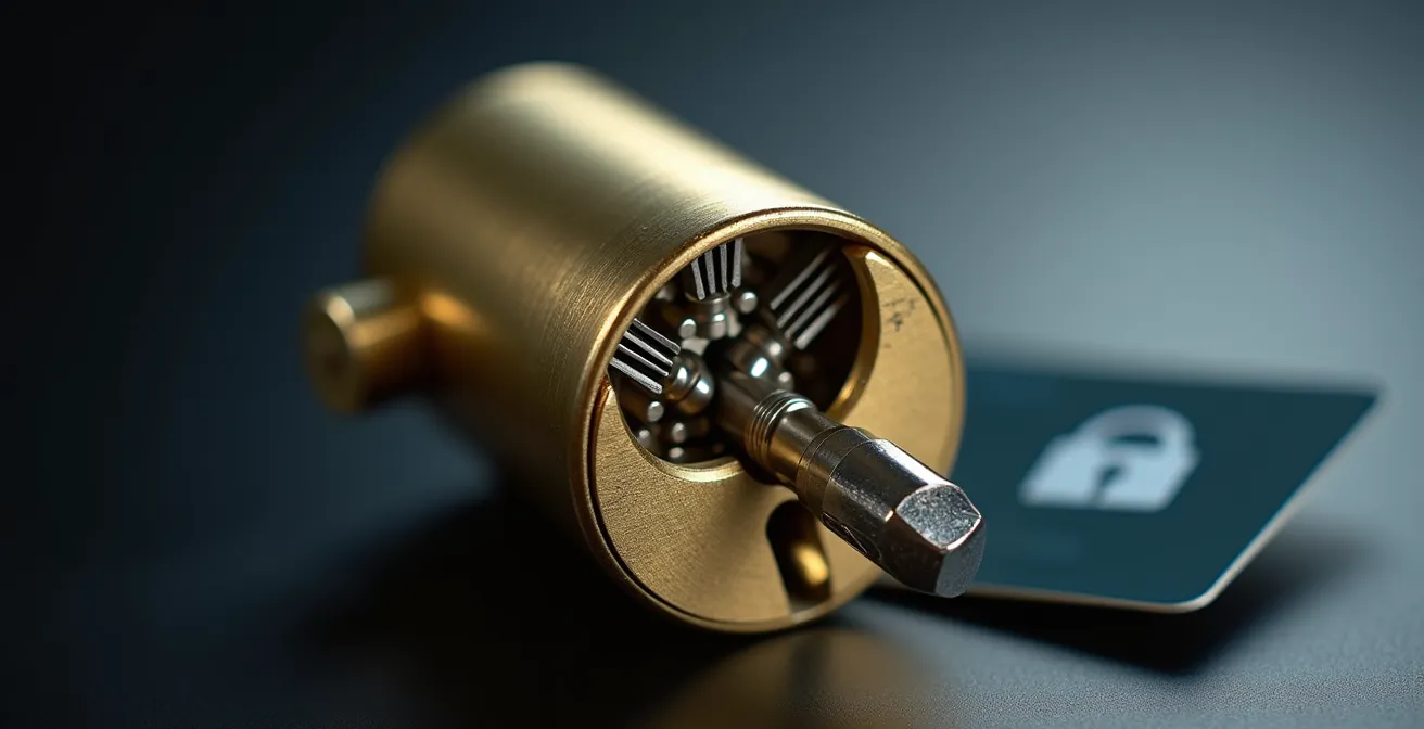 Vue macro d'un cylindre de haute sûreté avec carte de propriété et mécanisme anti-crochetage visible