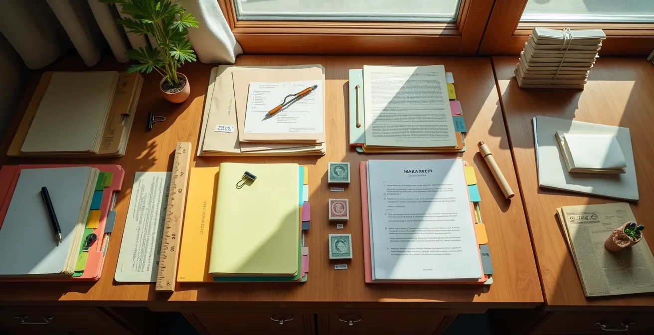 Vue aérienne de dossiers organisés avec étiquettes temporelles sur bureau en bois