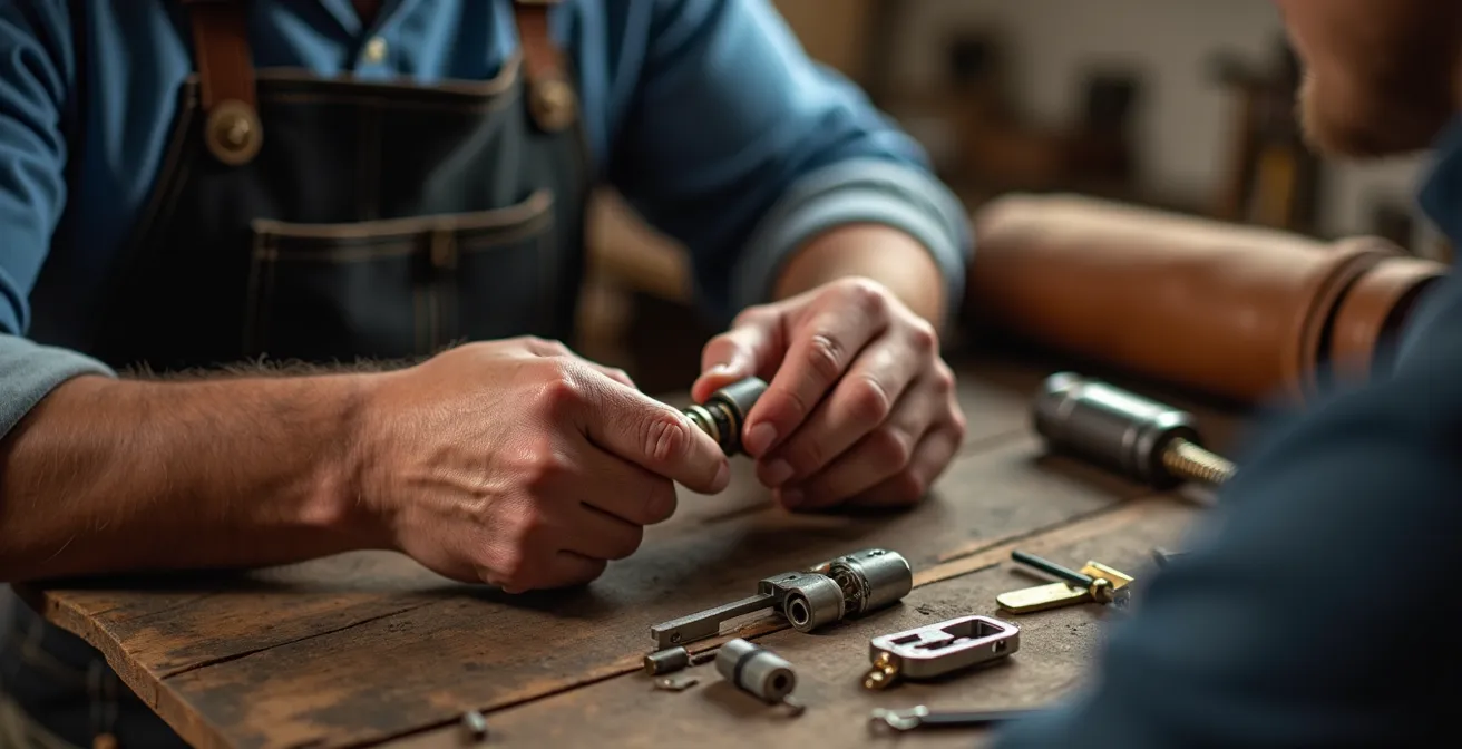 Artisan serrurier en consultation avec un client montrant différents cylindres de serrure sur un établi professionnel