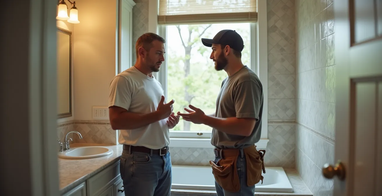 Visite de chantier avec artisan montrant ses réalisations