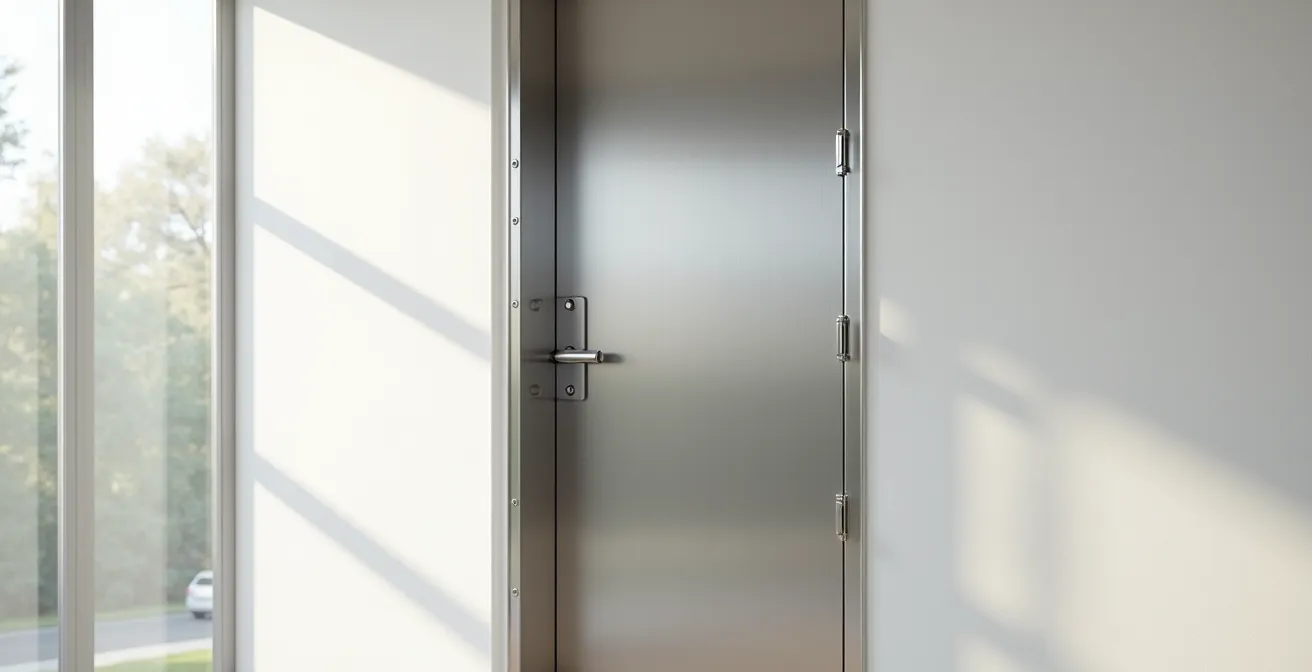 Vue latérale d'un bloc-porte blindé montrant l'épaisseur du blindage et les points de verrouillage multiples