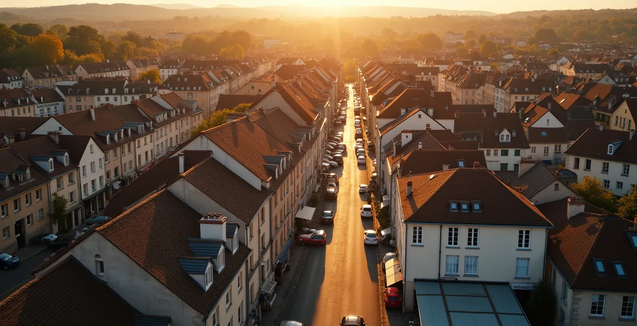 Vue aérienne d'un quartier français montrant l'interconnexion des commerces et artisans locaux