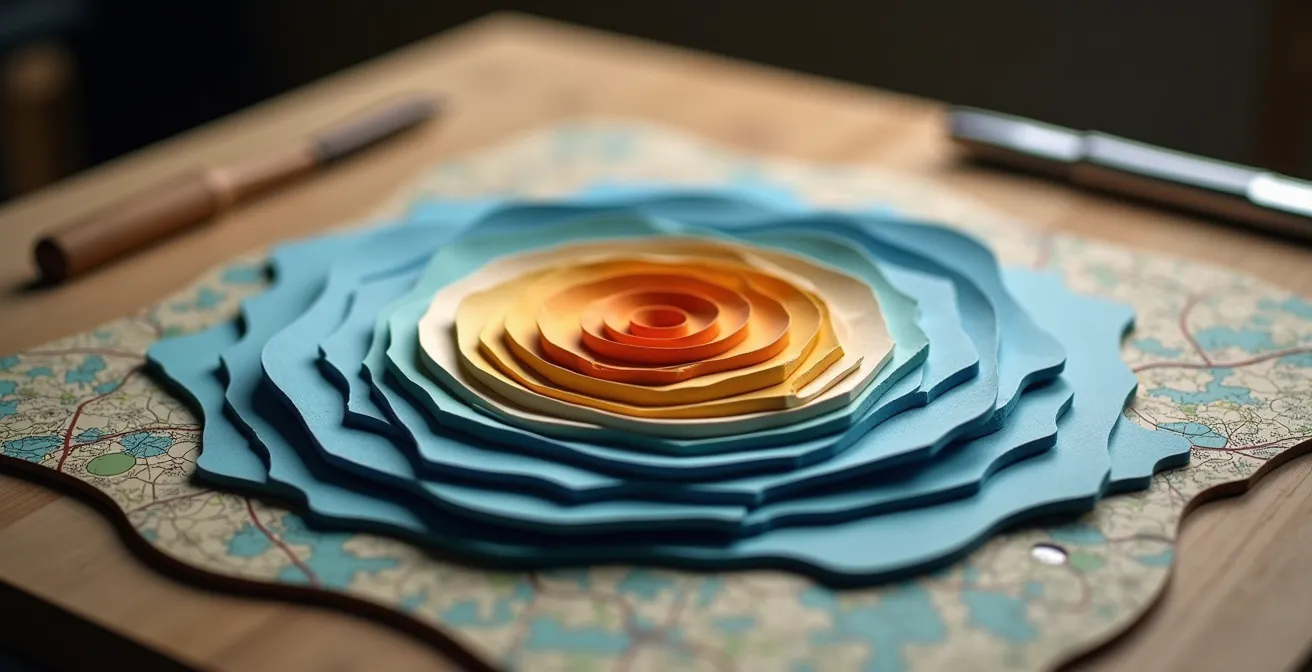 Carte schématique des zones tarifaires d'intervention d'un serrurier avec cercles concentriques colorés