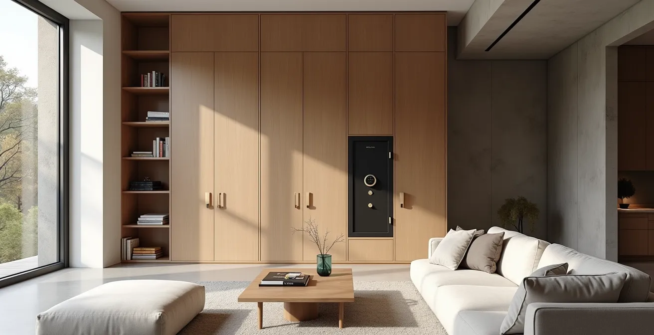 Vue d'ensemble d'un salon moderne avec coffre-fort intégré subtilement dans l'architecture