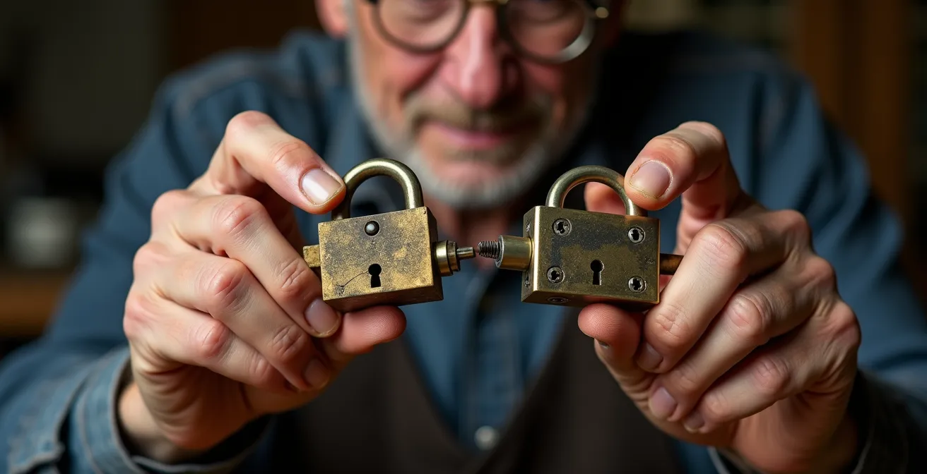 Gros plan sur deux mécanismes de serrures côte à côte, l'un ancien en laiton patiné et l'autre moderne, tenus par des mains d'artisan, montrant l'évolution technologique.